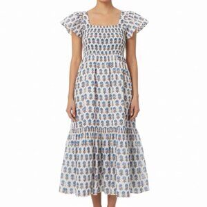 Ophelia & Indigo Women’s White/Blue Boho Midi Dress Flutter Sleeves Sz XS